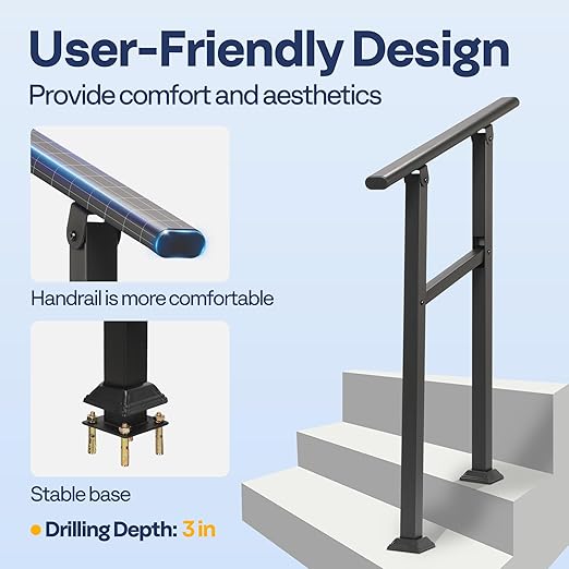 VIVOHOME 2-Pack 2 Step Hand Rails for Outdoor Steps, Galvanized Steel Railing, Black Oval Exterior Hand Railing for Porch, Deck, or Indoor Stairs, Railing Kit