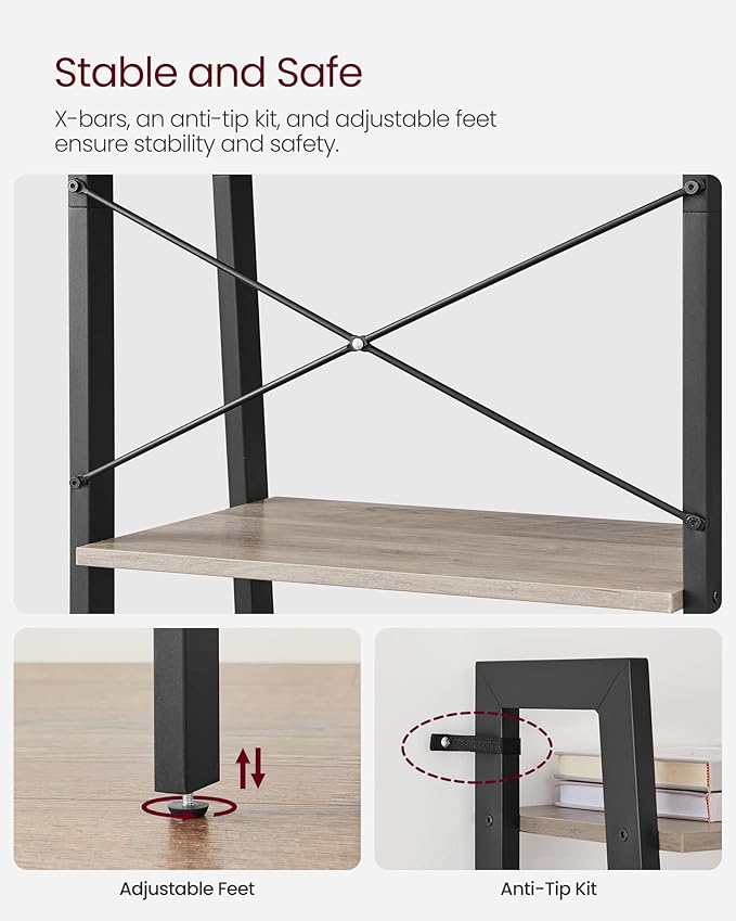 VASAGLE Ladder Shelf, 4-Tier Bookshelf, Storage Rack, Bookcase with Steel Frame, for Living Room, Home Office, Kitchen, Bedroom, Industrial Style, Heather Greige and Ink Black ULLS44MB