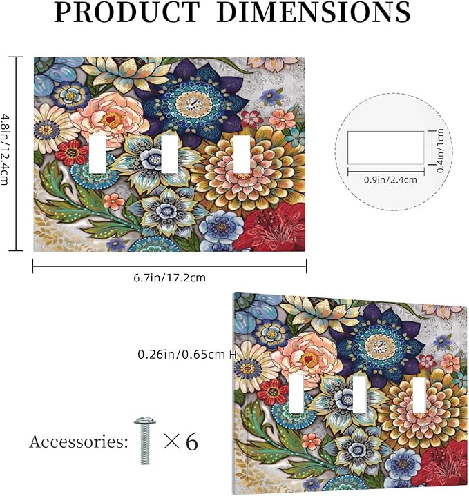 Boho Floral Colorful Floral Multi Color Flower Decorative Switch Plates 3 Gang Wall Plate Triple Toggle Light Switch Cover Faceplate Electrical Wall Panels for Bedroom Living Room Home Decor
