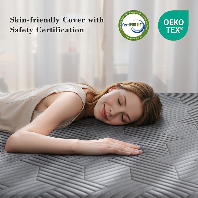 EnHomee Memory Foam Mattress Topper,4 Inch Full Mattress Topper Pressure Relief with Cooling Gel and Removable & Washable Embossed Cover, CertiPUR-US & Oeko-TEX Certified, Grey, Full