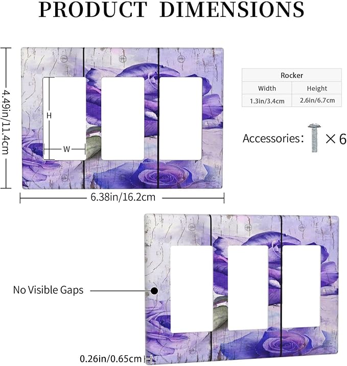 Light Switch Cover Purple Rose Flower Rustic Wood Plank 3 Gang Wall Plate Triple Light Switch Plate Rocker GFCI Outlet Covers Decorative Receptacle Cover for Farmhouse Bathroom Decor