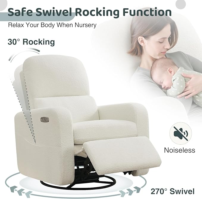 Power Swivel Rocker Recliner, Oversized Boucle Nursery Glider Recliner, Swivel Rocking Reclining Chair with Removable Cushion and Lumbar Support for Nursery Living Room Bedroom, Teddy White
