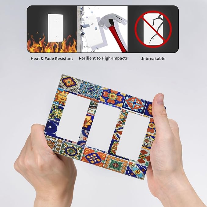 Light Switch Covers Mid Century Talavera Shaped Tiles 3 Gang Rocker Electrical GFCI Decorative Triple Outlet Wall Plate Cover Switchplate for Bedroom Bathroom Decor