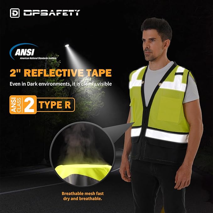 Reflective Safety vest With back plan pocket,High visibility Class 2 Heavy Duty Surveyor Vest with Zipper,Hi Vis Construction Work Vest for Men＆Women ANSI/ISEA(Yellow-Bottom,L)