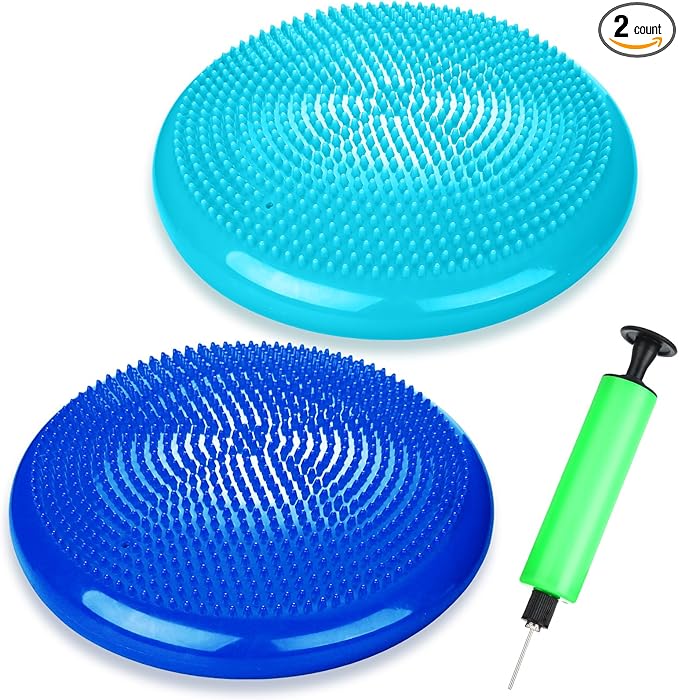2 Pcs Wiggle Seat Inflated Wobble Cushion Flexible Balance Disc with Air Pump for Core Stability Strengthening Improving Posture Physical Exercise