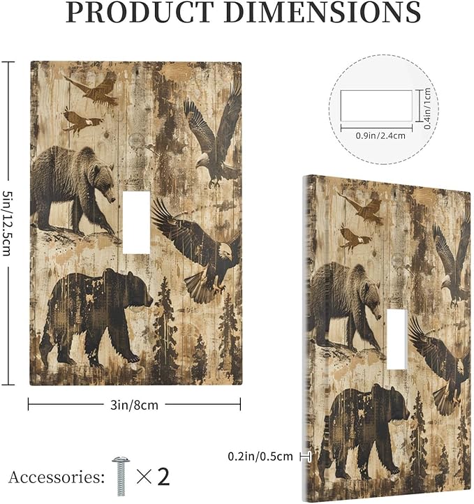 Decorative Light Switch Cover Vintage Cabin Wildlife Animal Bear Eagle Forest 1 Gang Single Toggle Device Electrical Faceplate Switchplates Decorator Outlet Wall Plate for Farmhouse Bedroom