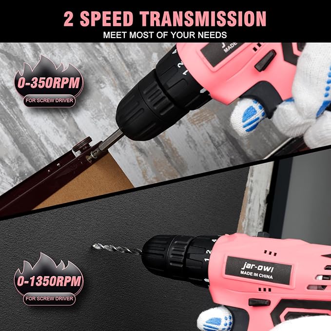 Jar-Owl 21V Pink Cordless Drill Set for Women，350 in-lb Torque, 0-1350RMP Variable Speed, 10MM 3/8'' Keyless Chuck, 18+1 Clutch, 1.5Ah Li-Ion Battery & Charger for Home DIY and Repair - Black & Pink