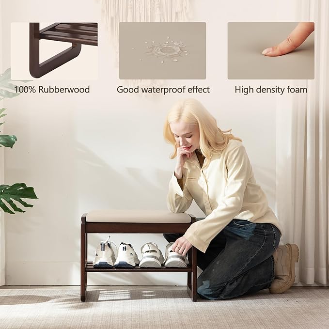 Small Shoe Rack Bench,2 Tier Wooden Entryway Bench with Shoe Storage, Shoe Rack with Cushion for Living Room, Hallway(Pu Beige, 21.6")