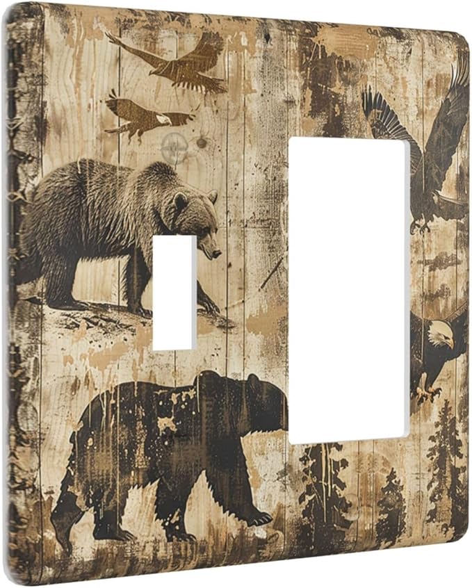 Outlet Covers Vintage Cabin Wildlife Animal Bear Eagle Forest 1 Toggle 1 Rocker Combination Decorative Wall Plate Electrical Switch Plates Light Switch Cover Plate for Farmhouse Bedroom Decor