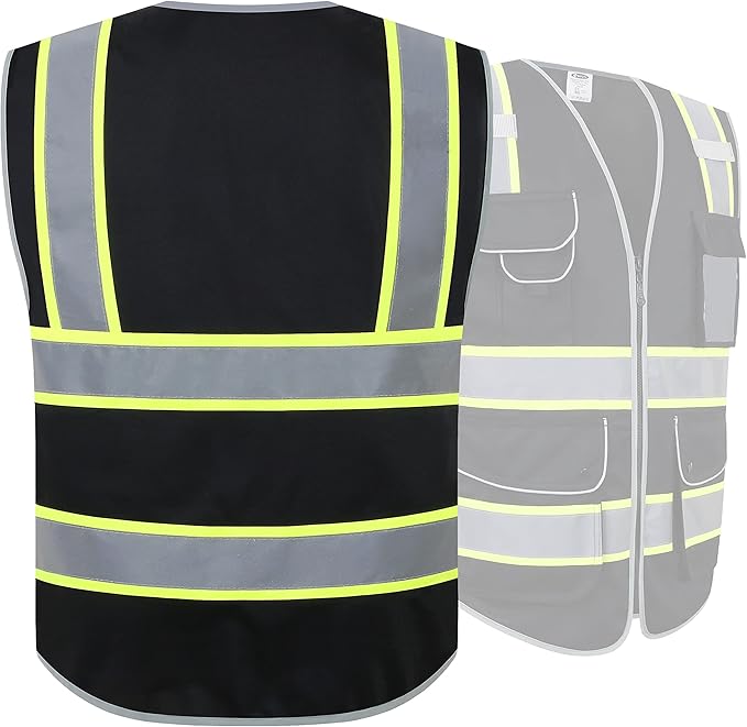 JKSafety 9 Pockets Hi-Vis Black Color Zipper Front Safety Vest Fluorescent Yellow Strips outlining the Reflective Tapes ANSI/ISEA Class 1 (901-Black, Large)