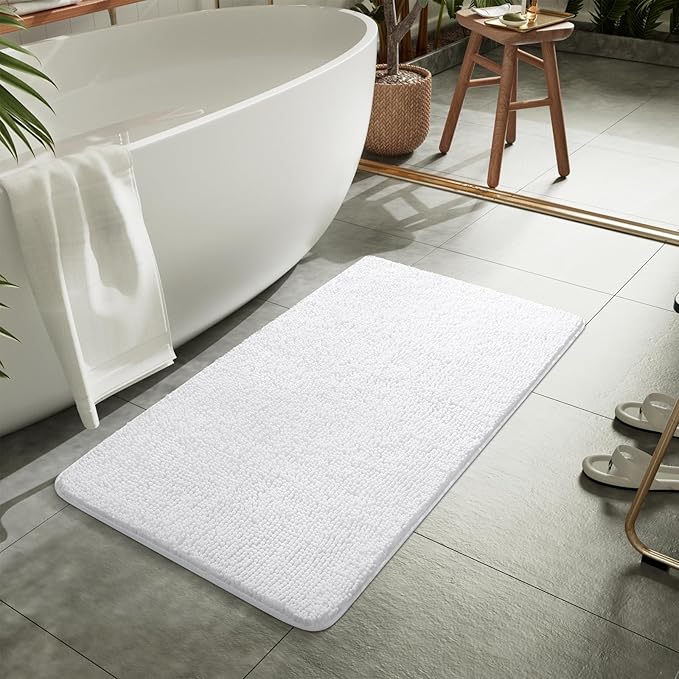 LOCHAS Luxury Bathroom Rug Shaggy Bath Mat 24 x 44 Inch, Washable Non Slip Bath Rugs for Bathroom Shower, Soft Plush Chenille Absorbent Carpets Mats, White