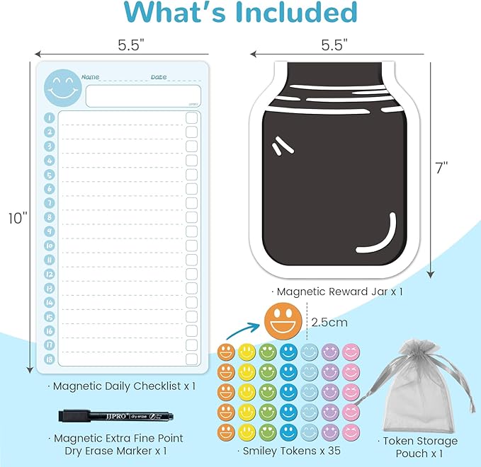 JJPRO Magnetic Reward Chart for Kids with Reward Jar- 10" x5.5“ Daily to Do List Board for Toddlers, Home Chore Chart for Fridge,Magnetic Reward Chart Positive Behavior Training -Blue