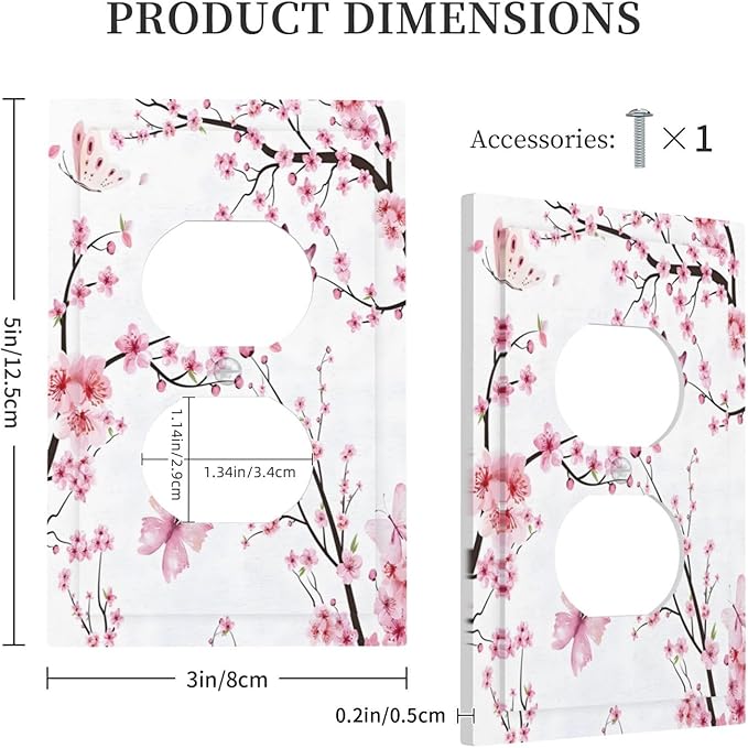 Cherry Floral Watercolor Pink Flowers Butterfly Outlet Covers 1 Gang Duplex Light Switch Cover Decorative Switch Plates Electrical Receptacle Faceplate Wall Plate for Bed Room Living Room Decor