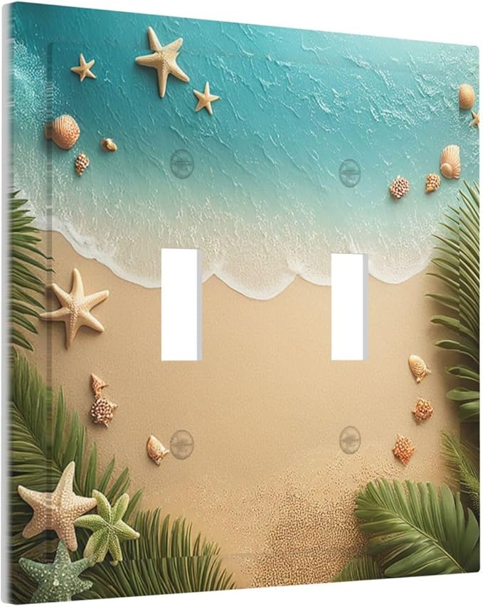 Decorative Switch Plates Summer Beach Themed Starfish Seashells 2 Gang Double Toggle Outlet Light Switch Cover Wall Plate Electrical Faceplate for Bedroom Bathroom Decor