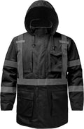 Reflective Jacket, High Visibility Parka, Waterproof Hi Vis, Safety Jacket with Removable Hood and Zipper, ANSI Class 3 (Black,4XL)