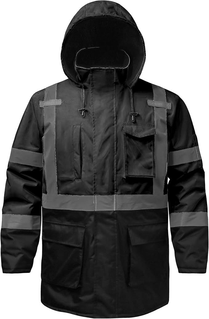 Reflective Jacket, High Visibility Parka, Waterproof Hi Vis, Safety Jacket with Removable Hood and Zipper, ANSI Class 3 (Black,XL)