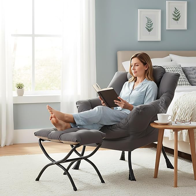 Lazy Chair with Folding Ottoman, Modern Accent Lounge Armchair with Armrests and a Side Pocket & Foldable Footstool, Leisure Reading Chair for Living Room, Bedroom, Dorm & Office, Dark Grey