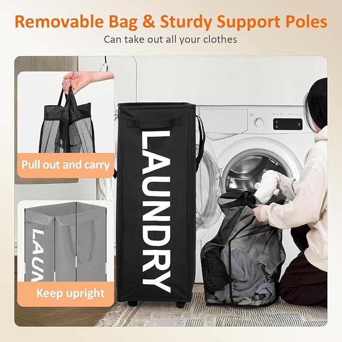 90L Rolling Laundry Basket with Wheels, 29 IN Hamper with Wheels and Removable Mesh Bag, Black Laundry Baskets on Wheels for Bedroom, Dorm, Clothes Hamper Organizer