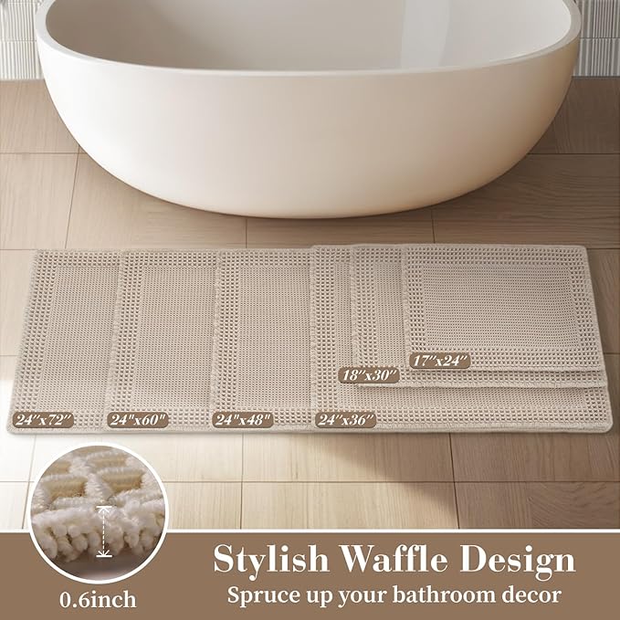 RESARE Waffle Bathroom Runner Rugs, Super Absorbent Bath Mat Non Slip Washable Quick Dry, Upgraded Ultra Soft Boho Bath Rugs with Tassels for Hallway Bedroom Laundry Room, 2'x6'(24"x72"), Pale Beige
