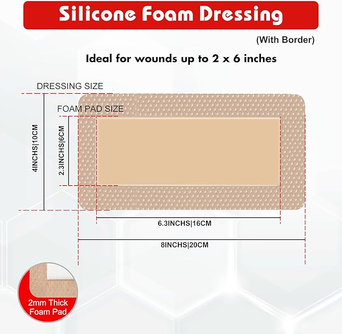 FRESINIDER 4" x 8" Pack of 5 Silicone Foam Wound Dressing - Waterproof Adhesive Bandages with Bordered - Super Absorbent & Breathable for Optimal Wound Care