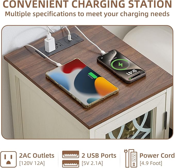Narrow Side Table with Charging Station Set of 2, Night Stand with Glass Door,Bedside End Tables with Adjustable Shelf Storage Cabinet,Wood Nightstand for Small Spaces Living Room Bedroom