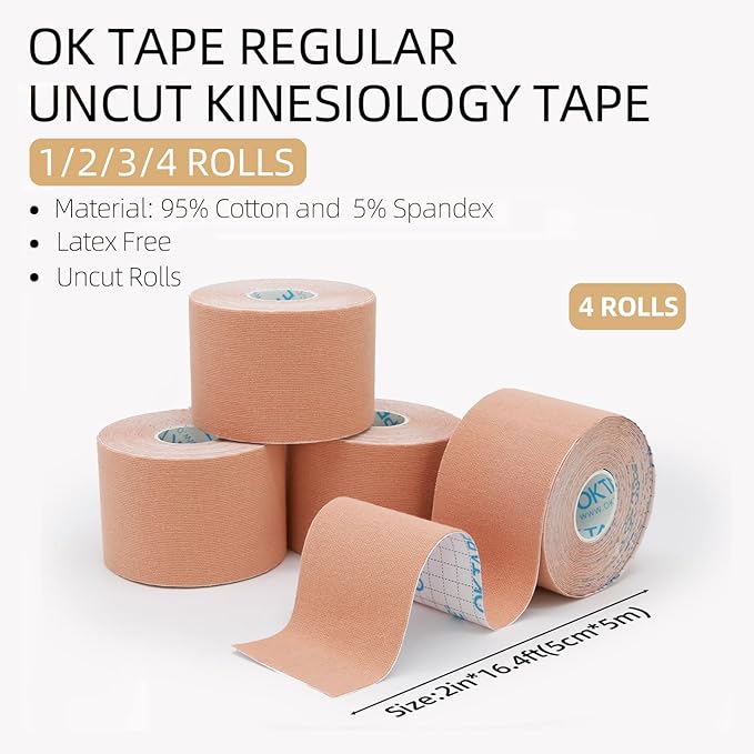 OK TAPE Regular Kinesiology Tape (4 Pack), Original Cotton Athletic Tape for Support Muscle Joint Knee, Sports Waterproof Tape Uncut Strips Latex Free, Hypoallergenic, 2in×16.4ft - Beige