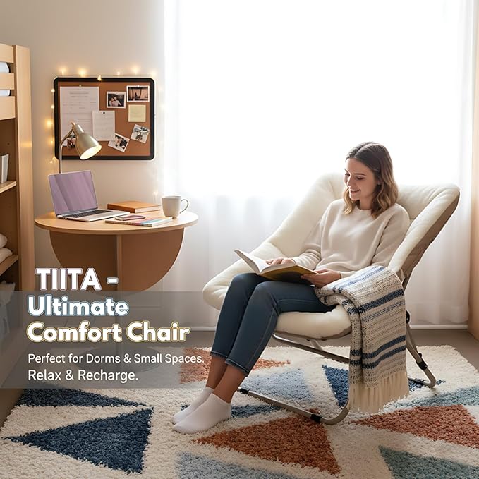 Tiita Comfy Folded Chair, Soft Faux Fur Oversized Folding Accent Chair, Lounge Lazy Chair for Kids Teens Adults, Metal Frame Moon Chair for Bedroom, Living Room, Dorm Rooms