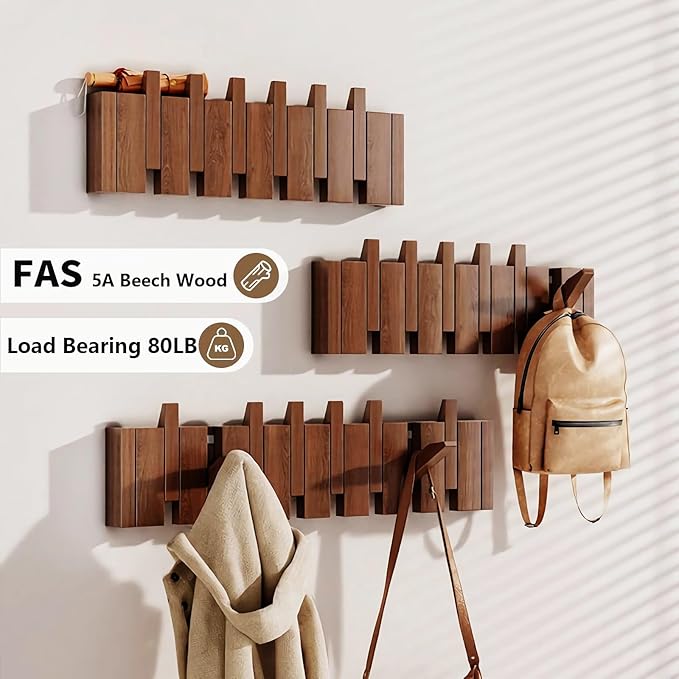 Wall Mounted Piano Key Hanger | Flip Style Hook | Entrance Wall Art Hook, Made of Oak Wood (3 Times Painted, 4 Times Polished) (Walnut, 12Hooks)