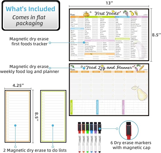 JJPRO Baby First Foods Tracker Fridge Magnet, Daily Food Log Meal Planner, 100 Foods Before 1 Checklist, Baby Daily Log Whiteboard, First Food Tracker for Refrigerator