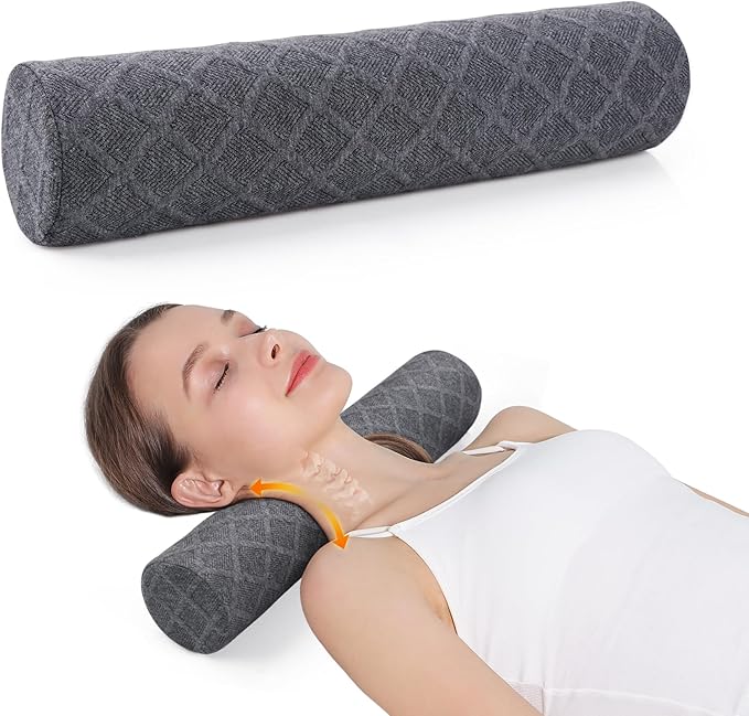 Cozyhealth Cervical Roll Pillow, Medium Soft Memory Foam Neck Round Pillow Cylinder Bolster Pillow for Sleeping, Round Neck Support for Bed, Legs, Back and Yoga (Grey, Medium - 3.9" H)