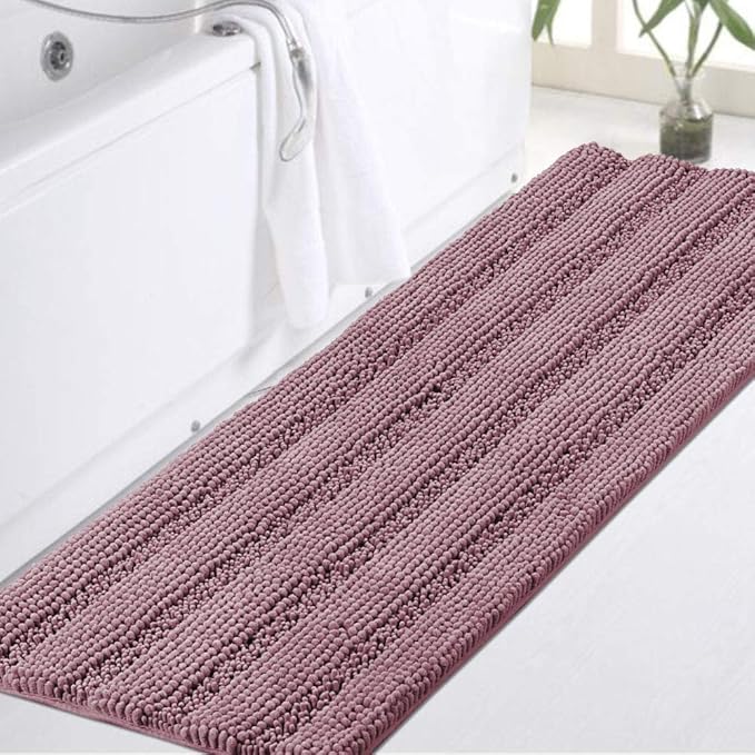 Turquoize Luxury Shaggy Bath Runner Rug, Extra Long Non Slip, Large, Extra Soft and Absorbent Indoor Bath Mat, 47 x 17 Inches, Mauve/Rose
