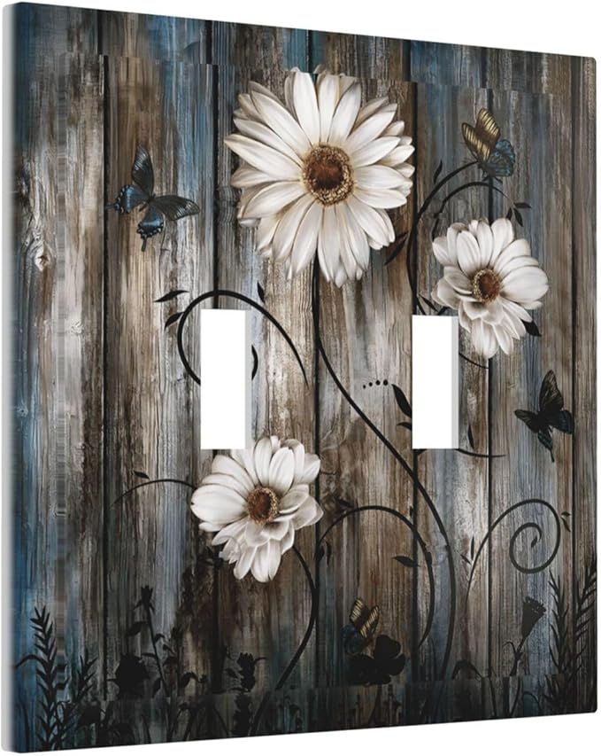 Rustic Wood Background Floral Butterfly Daisy Decorative Switch Plates 2 Gang Double Toggle Outlet Light Switch Cover Wall Plate Electrical Faceplate for Farmhouse Bedroom Decor