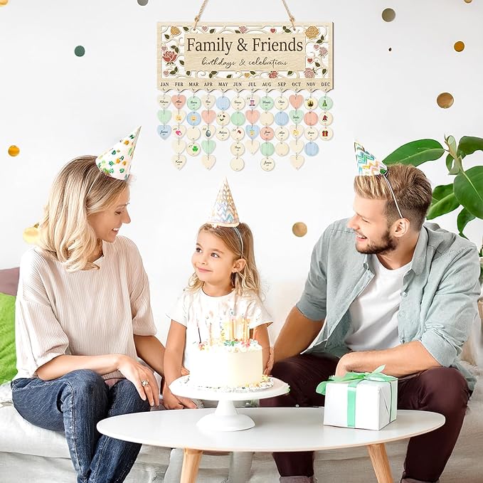 CHDITB Wooden 3D Family Friends Birthday Calendar Wall Hanging(16"x6"), Boho Flowers Botanical Birthday Celebrations Reminder Tracker with Tags, Custom DIY Mother Gifts for Grandma
