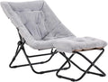 Tiita Folded Chair with Straight Ottoman, Soft Faux Fur Oversized Folding Accent Chair,Lounge Lazy Chair, Metal Frame Moon Chair for Bedroom, Living Room, Dorm Rooms, Garden and Courtyard, Grey