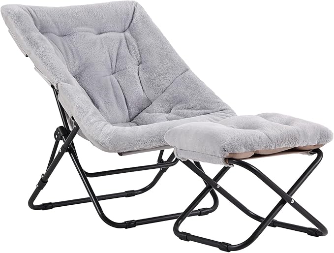 Tiita Folded Chair with Straight Ottoman, Soft Faux Fur Oversized Folding Accent Chair,Lounge Lazy Chair, Metal Frame Moon Chair for Bedroom, Living Room, Dorm Rooms, Garden and Courtyard, Grey