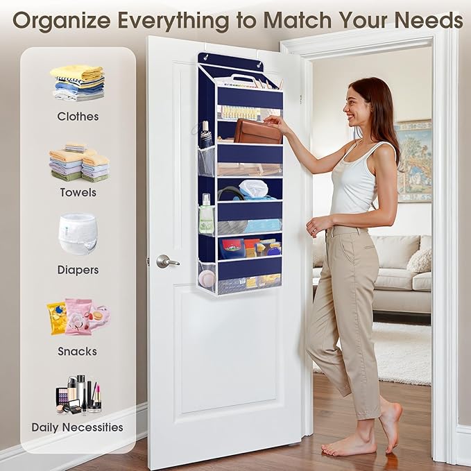 1 Pack Over The Door Organizer, Hanging Storage Organizer with Clear Window, 40lb Ultra Sturdy Large Capacity Room Organizer for Pantry Laundry Bathroom Nursery Closet (Blue)
