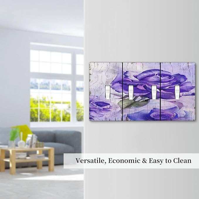 Light Switch Cover Purple Rose Flower Rustic Wood Plank 4 Gang Switch Plate Quad Toggle Wall Plates Decorative Switchplate Electrical Outlet Cover Plates for Farmhouse Bathroom Decor