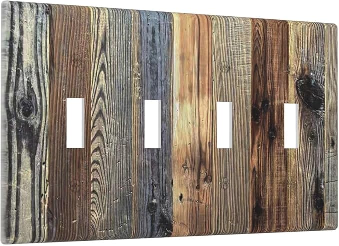 Barn Brown Wood Rustic Weathered Wood Print Light Switch Covers Quad Toggle Electrical Faceplate 4 Gang Wall Plate Decorative Switch Plates for Farmhouse Home Decor