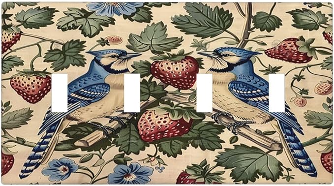 Light Switch Covers Vintage Floral Bird Strawberry Thief William Morris Quad Toggle Electrical Faceplate 4 Gang Wall Plate Decorative Switch Plates for Bedroom Home Decor