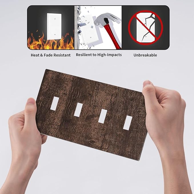 Light Switch Covers Rustic Dark Brown Wood Grain Quad Toggle Electrical Faceplate 4 Gang Wall Plate Decorative Switch Plates for Farmhouse Bedroom Decor
