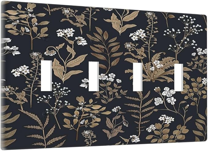 Light Switch Covers Vintage Floral Wildflowers Plant Quad Toggle Electrical Faceplate 4 Gang Wall Plate Decorative Switch Plates for Bathroom Home Decor
