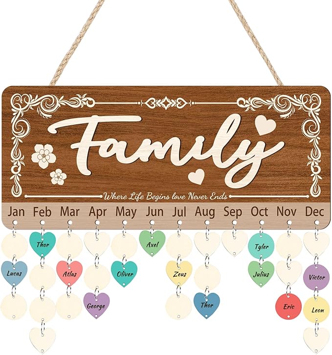 KAlRNE 3D Family Birthday Reminder Board,DIY Birthday Plaques,Rustic Hanging Wooden Calendar,Anniversary Reminder with 100 Wood Tags,Best Christmas for Family Grandmother