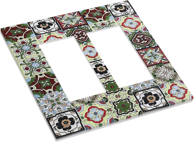 Decorative Outlet Covers Talavera Tile Decal 2 Gang Double GFCI Rocker Electrical Wall Panels Light Switch Cover Plate for Bedroom Bathroom Decor