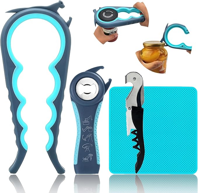 Otstar 6-in-1 Jar Opener & Bottle Opener Set for Weak Hands - Multi-Function Kitchen Opener Tool for Seniors with Arthritis, Elderly - Includes Jar Lid Gripper Pad, Corkscrew Opener