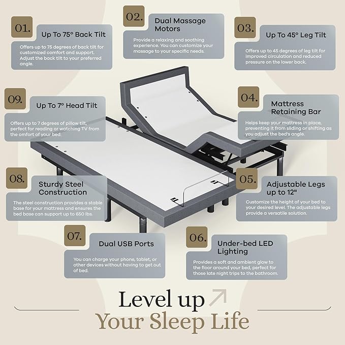 Sven & Son Harmony Adjustable Bed Base, Head and Foot Lift, Massage, Under-Bed Lights, USB, Gel Memory, Zero Gravity Smart Frame - Split King