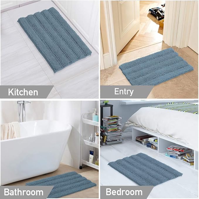Turquoize Chenille Bathroom Rugs Set - Non-Slip Bath Mats for Bathroom Floor, Kitchen/Entryway (20" x 32" and 17" x 24"), Stone Blue
