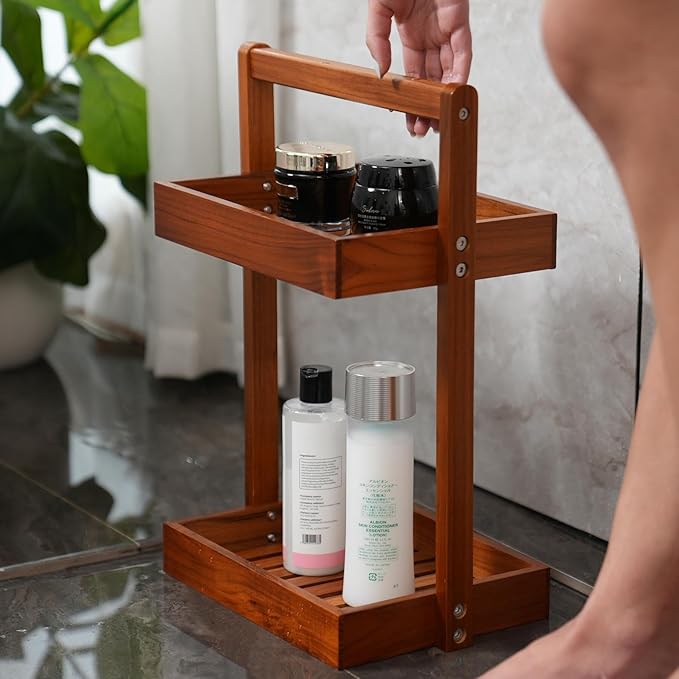 Utoplike Teak Wood Shower Caddy Corner, 2 Tier Bathroom Organizer Countertop, Standing Shower Rack with Handle, Stand Up Shower Basket for Shampoo, Shelf Rack for Inside Shower, Kitchen Desktop