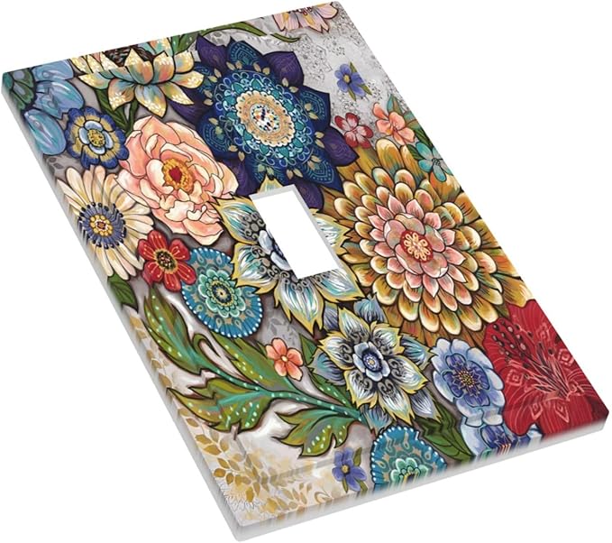 Boho Floral Colorful Floral Multi Color Flower Decorative Light Switch Cover 1 Gang Single Toggle Device Electrical Faceplate Switchplates Decorator Outlet Wall Plate for Bedroom Living Room Home