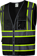 SKSAFETY 10 Pockets Safety Vest, Class 2 High Visibility Security with Zipper Back Mesh, Hi Vis Vest with Reflective Strips, ANSI/ISEA Standard, Construction Work Vest for Men ＆ Women （Black, 5XL）