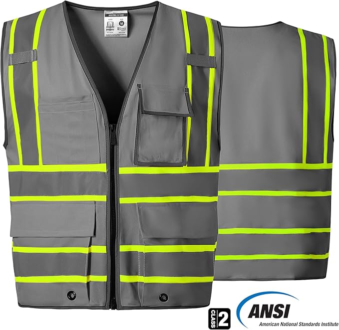 SKSAFETY 10 Pockets Safety Vest, Class 2 High Visibility Security with Zipper, Hi Vis Vest with Reflective Strips, ANSI/ISEA Standard, Construction Work Vest for Men ＆ Women （Grey,3XL）